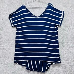 Anthropologie Pure‎ Good Top Womens M Navy White Striped Scoop Neck Short Sleeve